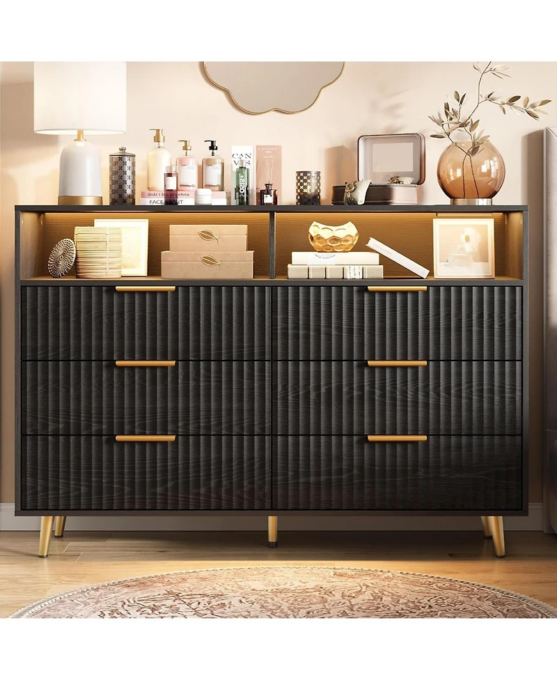 gaomon 6 Drawers Dresser for Bedroom, 53.9" Wide Dressers with Led Lights and Charging Station