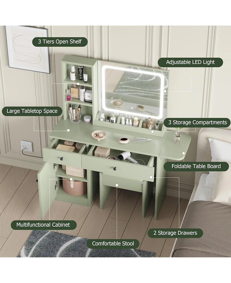 gaomon Vanity Desk with Mirror and Light, Makeup Vanity Table with Charging Station
