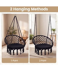 Gouun Macrame Swing Chair Hammock with Round Seat Cushion for Indoor Patio