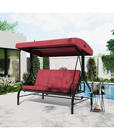 homfan 3-Seater Outdoor Porch Swing with Stand, 2-in-1 Convertible Swing Bed, Thick Cushion, Adjustable Canopy and 800-Lb. Capacity