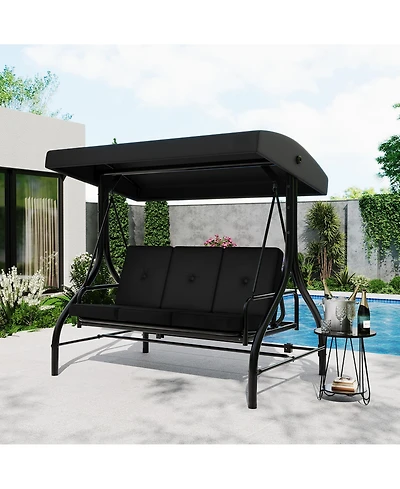 homfan 3-Seater Outdoor Porch Swing with Stand, 2-in-1 Convertible Bed, Thick Cushion, Adjustable Canopy and 800-Lb. Capacity