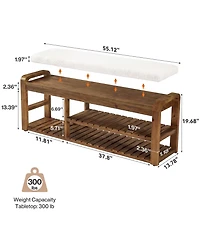 Tribesigns 55" Shoe Storage Bench with Removable Cushion, 2-Tier Farmhouse Solid Wood Entryway Shoe Rack, End of Bed Storage Upholstered Bench