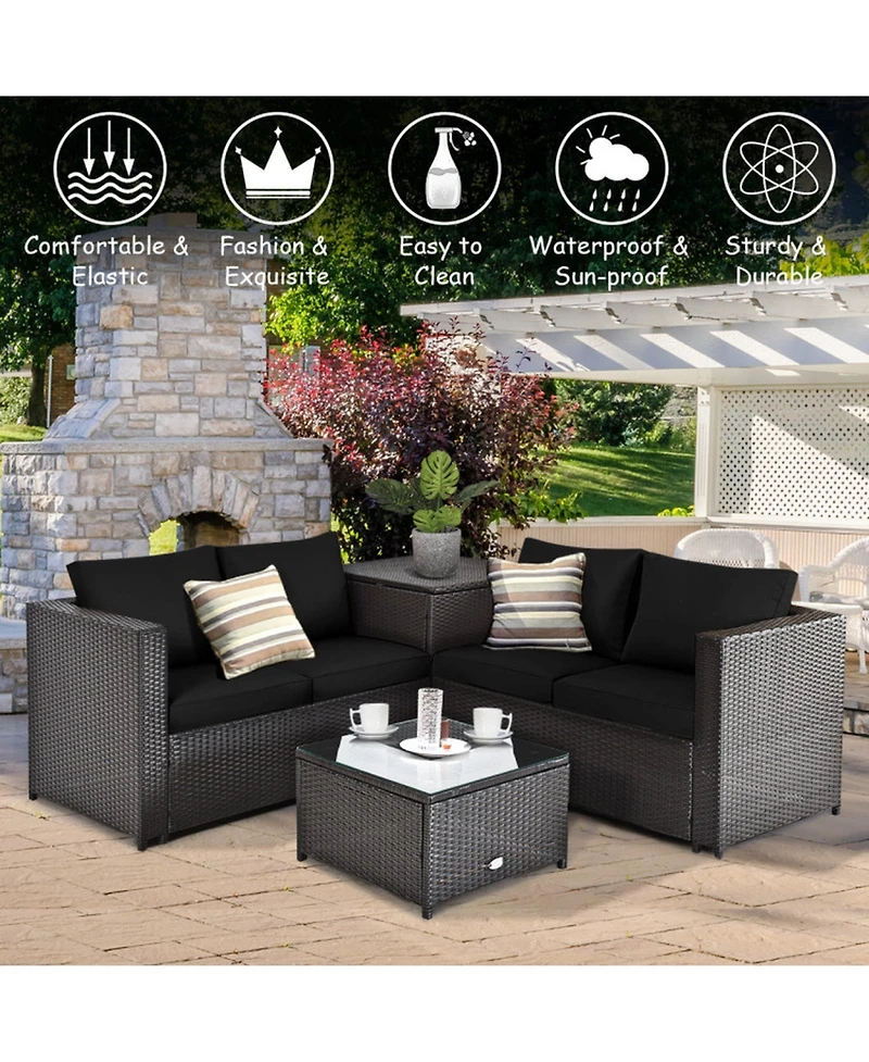 Gouun 4-Piece Outdoor Rattan Sectional Set with Loveseat, Storage End Table and Glass Top