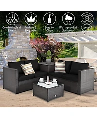 Gouun 4-Piece Outdoor Rattan Sectional Set with Loveseat, Storage End Table and Glass Top