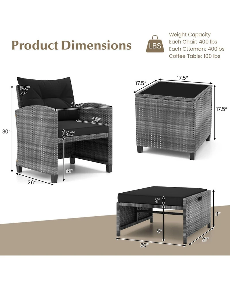 Gouun 5-Piece Pe Rattan Patio Set with 2 Ottomans, Chairs and Tempered Glass Coffee Table