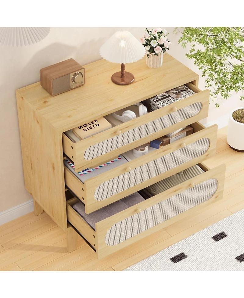 gaomon Modern Rattan 3 Drawer Dresser, Sturdy Wooden Chest, Spacious Bedroom Storage Organizer for Hallway, Closet, Bedroom or Living Room.