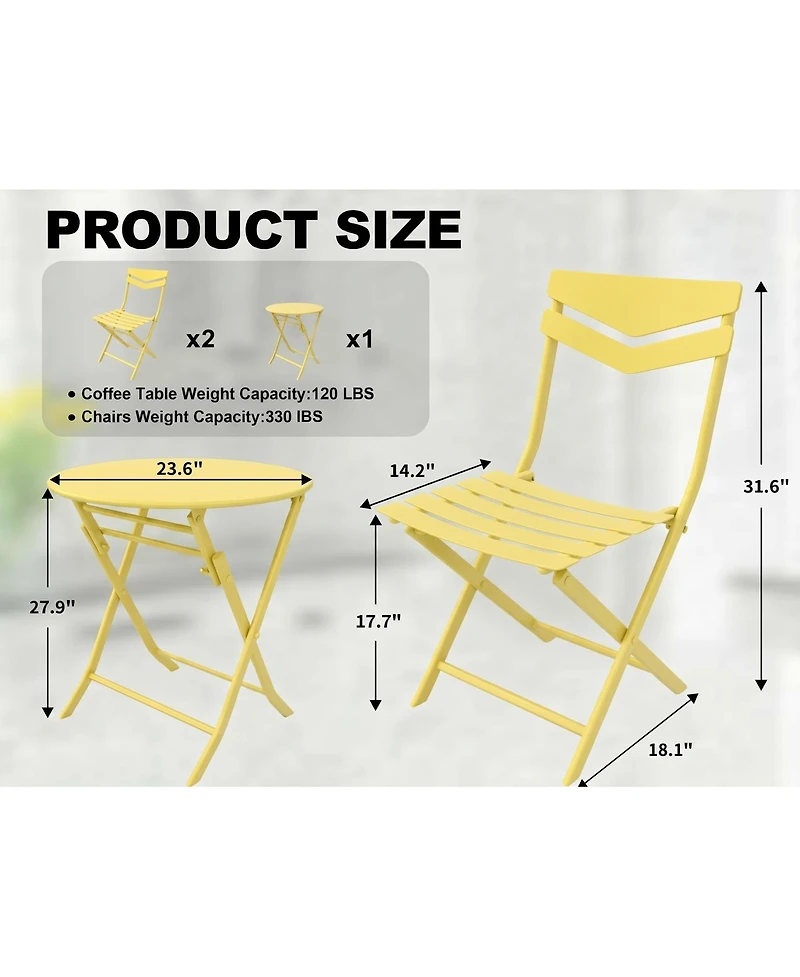gaomon 3-Piece Folding Patio Bistro Set with Round Table and 2 Chairs, Space-Saving Metal Outdoor/Indoor Furniture for Balcony, Porch