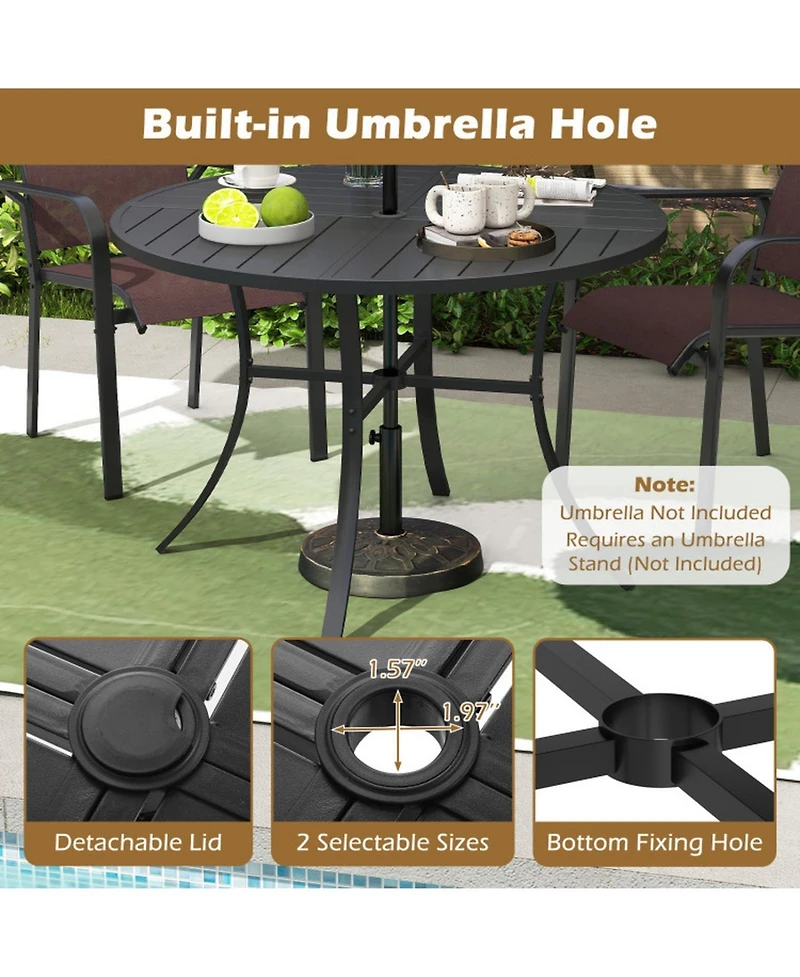 Gouun 42.5 In Round Metal Slat Patio Dining Table with Dual-Size Umbrella Hole