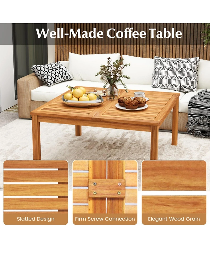 Gouun 35.5 In Solid Acacia Wood Outdoor Coffee Table with Slatted Drainage Top