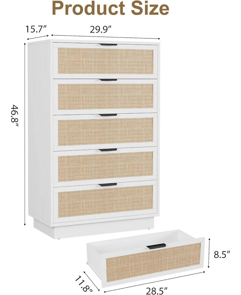 gaomon 5 Drawer Rattan Dresser for Bedroom, Integrated Cabinet Body Legs Design, Wooden Chest of Drawers Hallways, Entryways and Closet