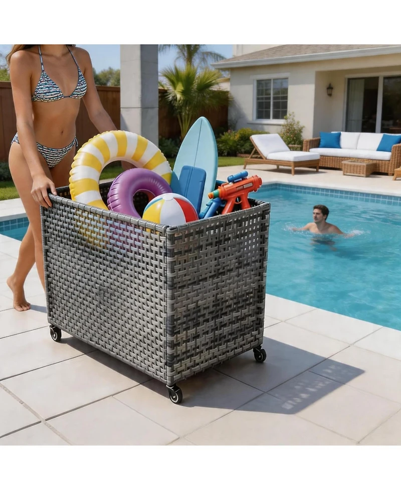 gaomon Poolside Rattan Storage Organizer, Pool Float Storage With Mesh Rolling For Pool Noodles, Floats, Balls, And Equipment, Outdoor Storage Bin