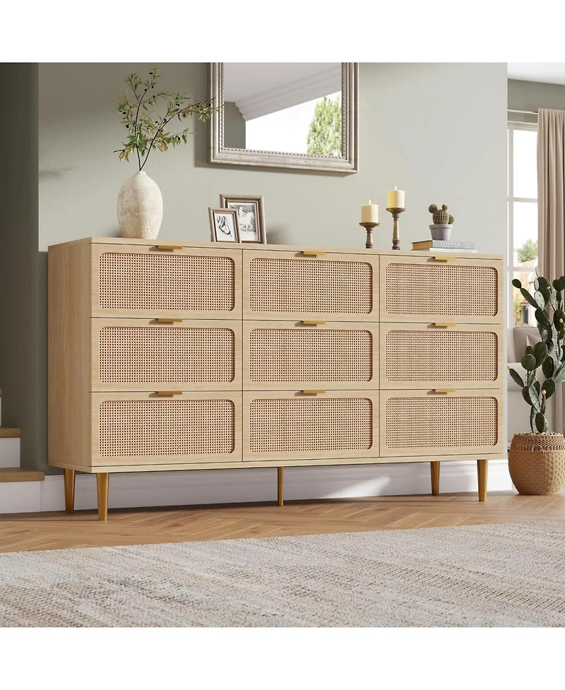 gaomon Rattan 9 Drawer Dressers for Bedroom, Tall Dresser with Deep Drawers