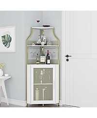 gaomon Corner Wine Cabinet with Detachable Wine Rack, 5-Tier Industrial Corner Bar Cabinet with Barn Door and Glass Holder
