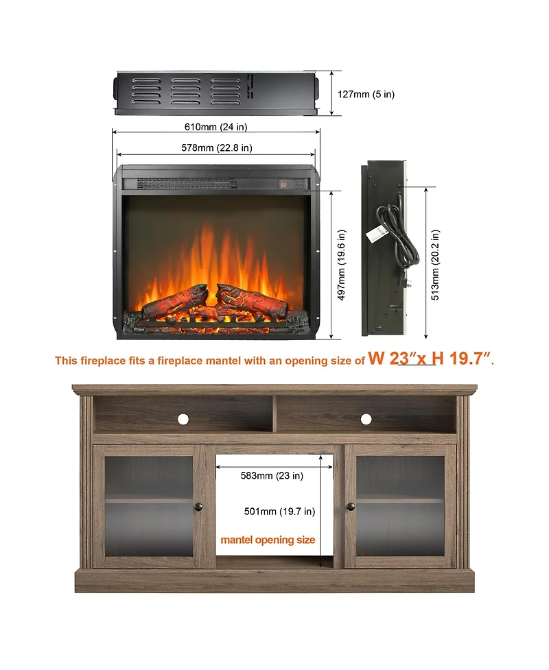 Clihome 23 inch Electric Fireplace Insert, Recessed Fireplace With LogandRemote Control