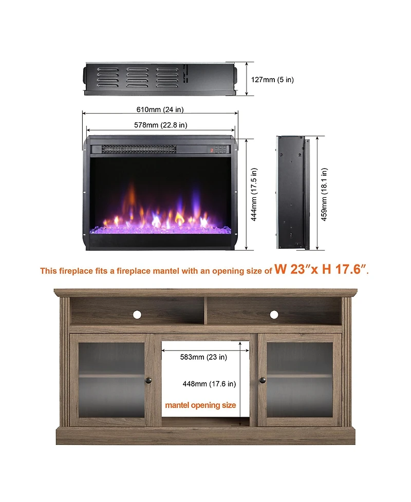 Clihome 23 inch Electric Fireplace, Indoor Heater with Remote Control, with Side Light Electric Fireplace