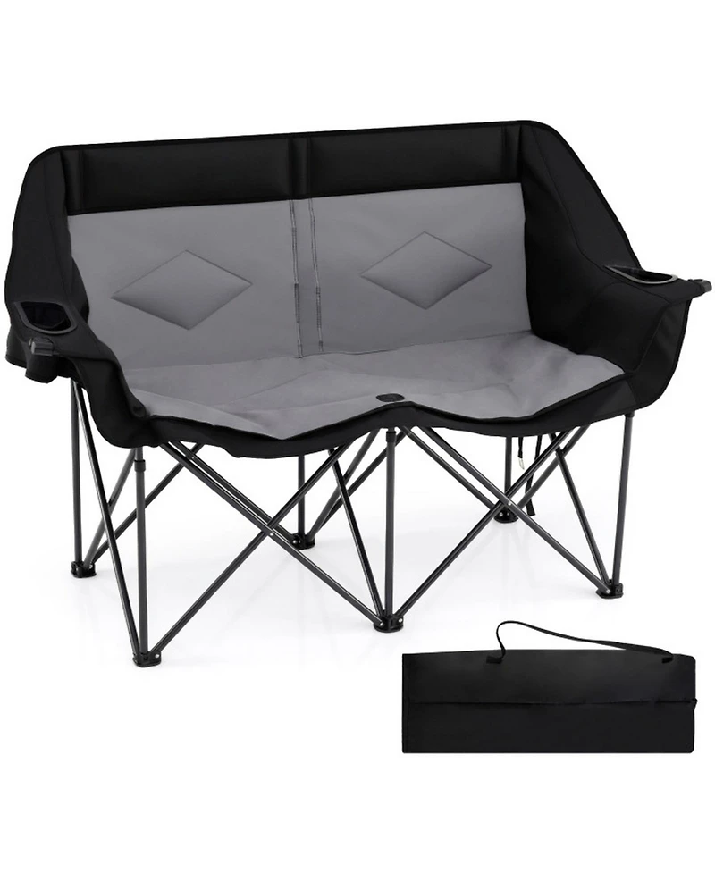 Sugift 2-Person Folding Camping Chair with Cup Holders Glass Racks and Mesh Pockets