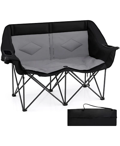 Sugift 2-Person Folding Camping Chair with Cup Holders Glass Racks and Mesh Pockets