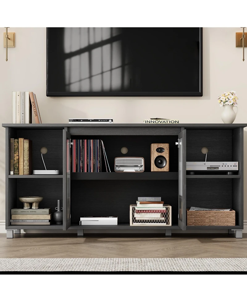 homfan Retro Tv Stand for Up to 70" TVs, Media Console with 2 Tempered Glass Cabinets, 4 Adjustable Shelves and Cord Management