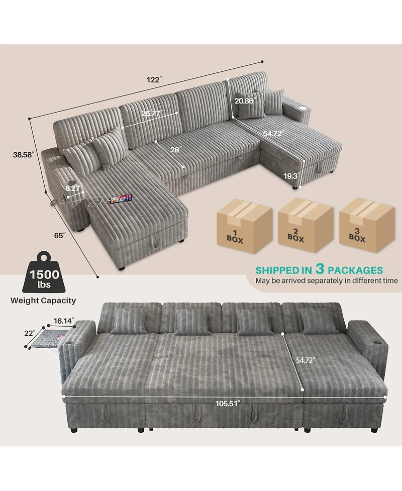 Streamdale Furniture 122'' U-Shaped Pull-Out Sleeper Sofa with Double Storage Chaise