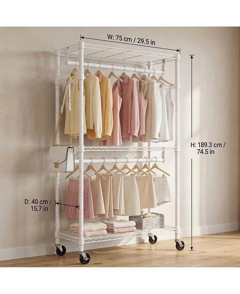 Streamdale Furniture Heavy Duty 3-Tier Adjustable Rolling Garment Rack with 2 Rods and Hooks