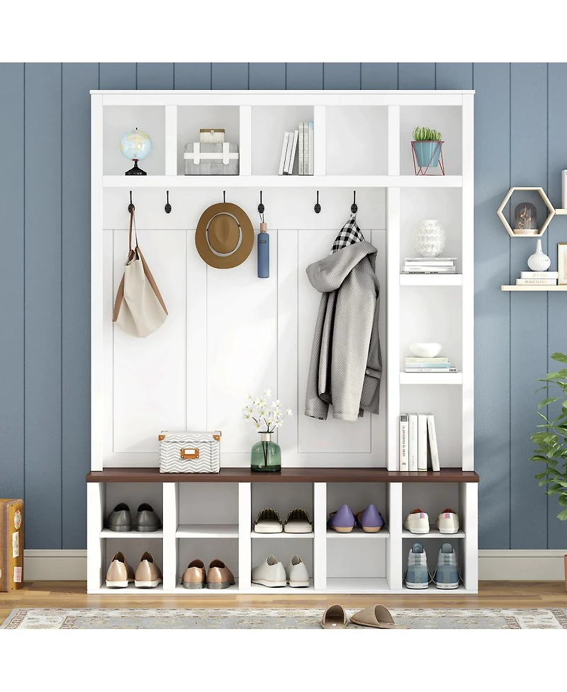Streamdale Furniture Farmhouse 4-in-1 Hall Tree with Storage Bench 6 Hooks and Shoe Cabinet