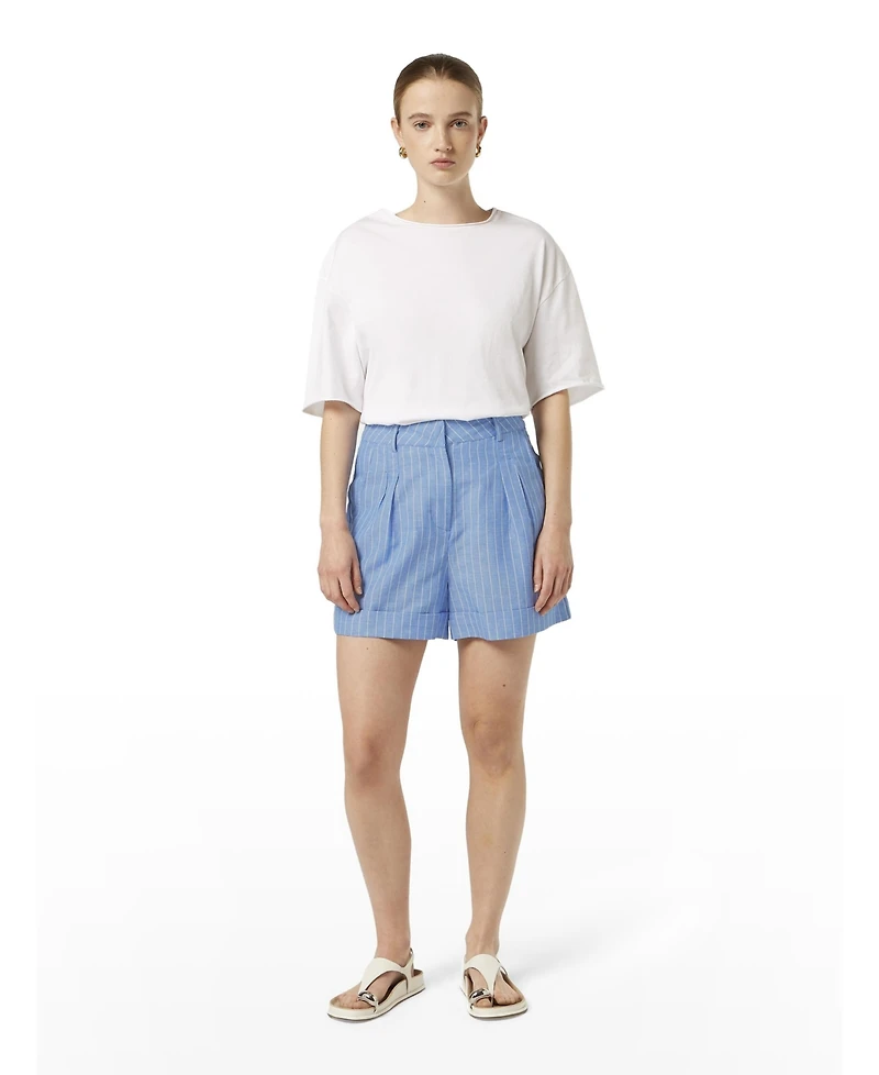 Scotch & Soda Women's and High Rise Linen Printed Shorts, Blue White Pin Stripe, XLarge