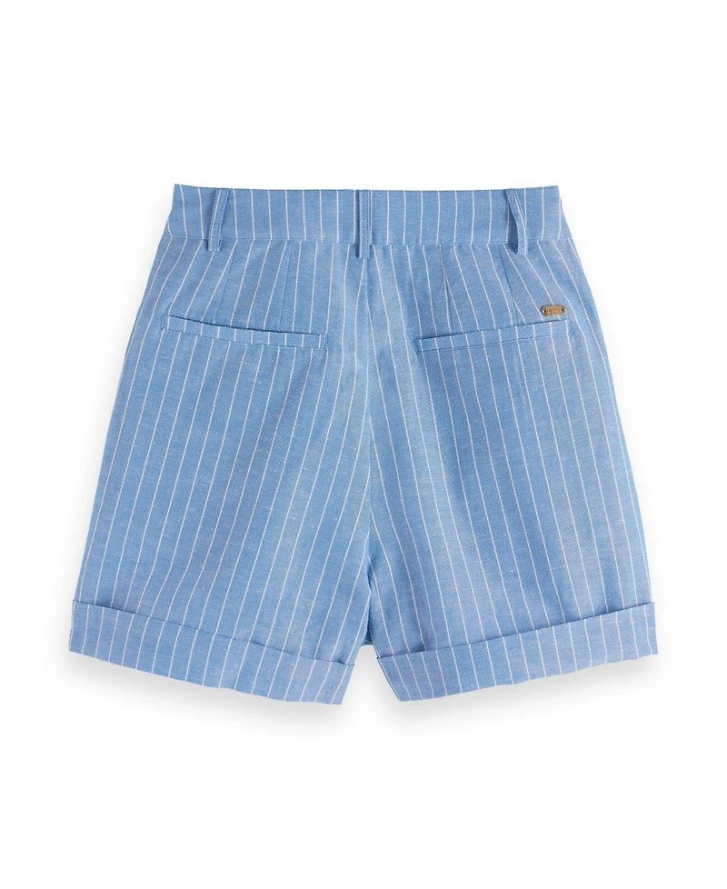 Scotch & Soda Women's and High Rise Linen Printed Shorts, Blue White Pin Stripe, XLarge