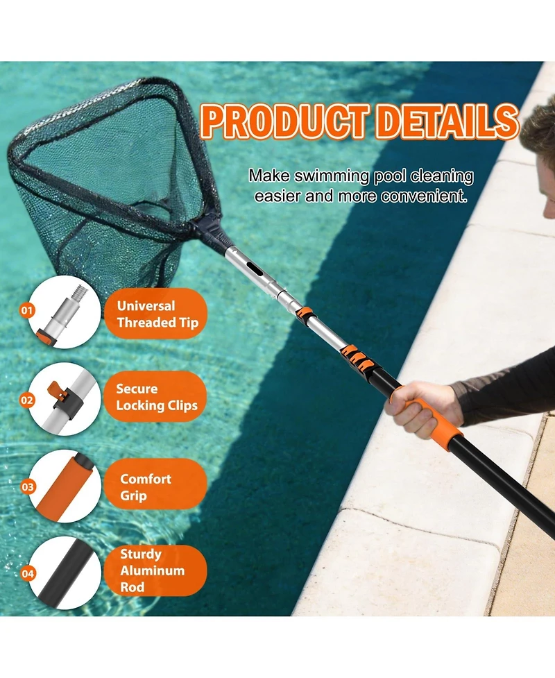 Xdovet Pool Skimmer Net Telescopic Pole Fine Mesh Leaf Rake