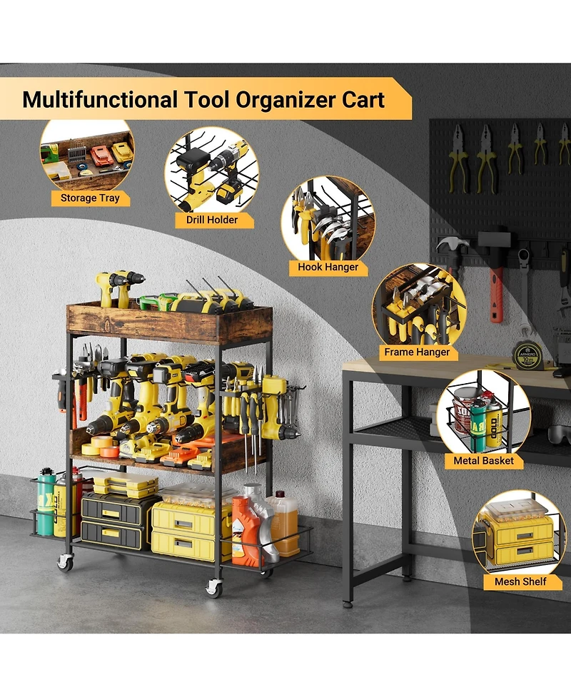 Xdovet 4 Tier Rolling Tool Cart With Drill Rack Hooks Shelves