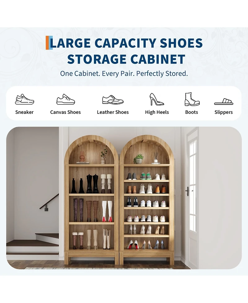 homfan Tall Shoe Cabinet, 70" Arched Storage Cabinet with 7 Tiers, Wooden Rack Adjustable Shelves