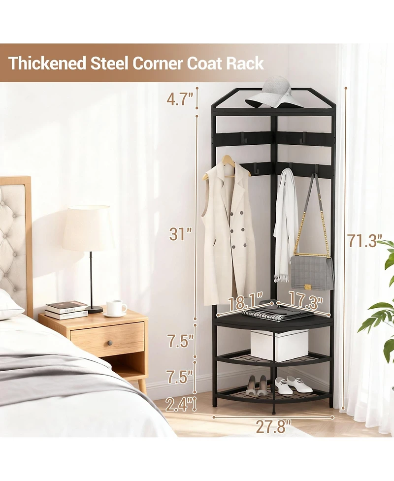 homfan 4-in-1 Corner Hall Tree Shoe Bench - 71in Tall Space-Saving Freestanding Entryway Organizer with 4 Storage Shelves and 6 Hooks