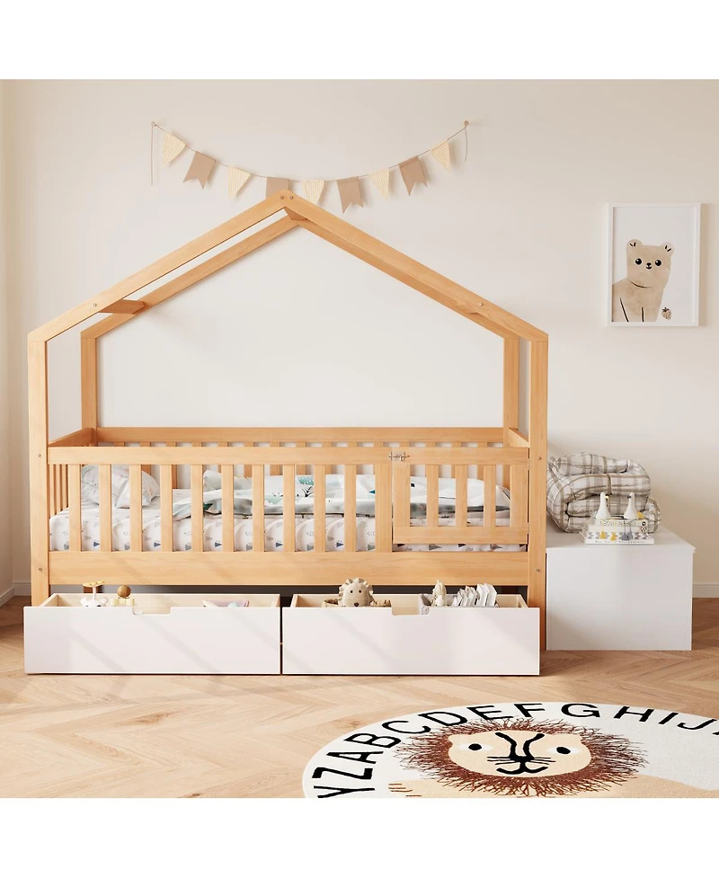 Streamdale Furniture Toddler Playhouse Bed with Storage Drawers Safety Railings and Lift-Top Chest