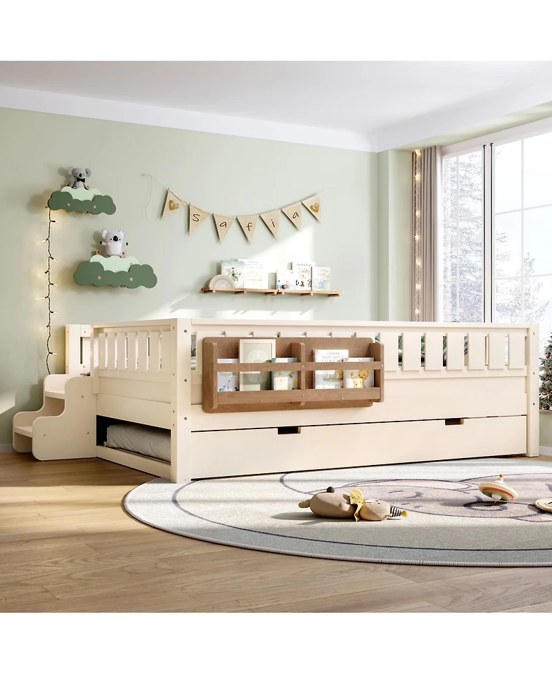 Streamdale Furniture Full Loft Bed with Bookshelves Staircase Safety Rails and Trundle
