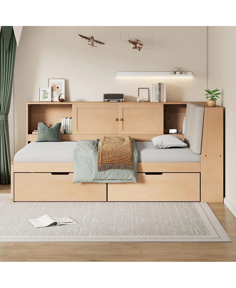 Streamdale Furniture Wooden L-Shaped Twin Daybed with Storage Bookcase and Usb Ports