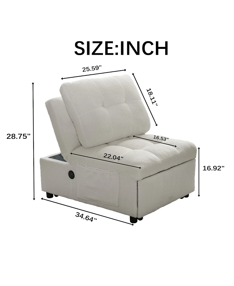 Streamdale Furniture Teddy Fabric Single Sofa Bed with Usb Port and Storage Pocket