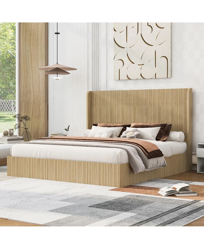 Streamdale Furniture King Size Mid-Century Fluted Wood Platform Bed with Wingback Headboard