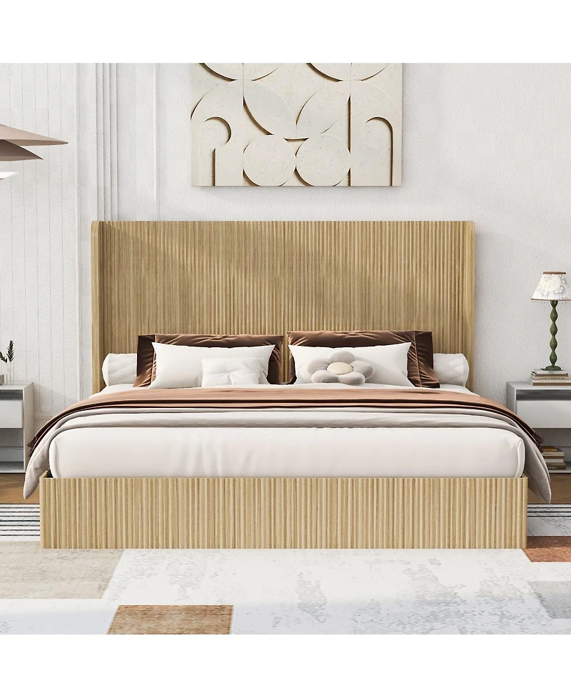 Streamdale Furniture King Size Mid-Century Fluted Wood Platform Bed with Wingback Headboard