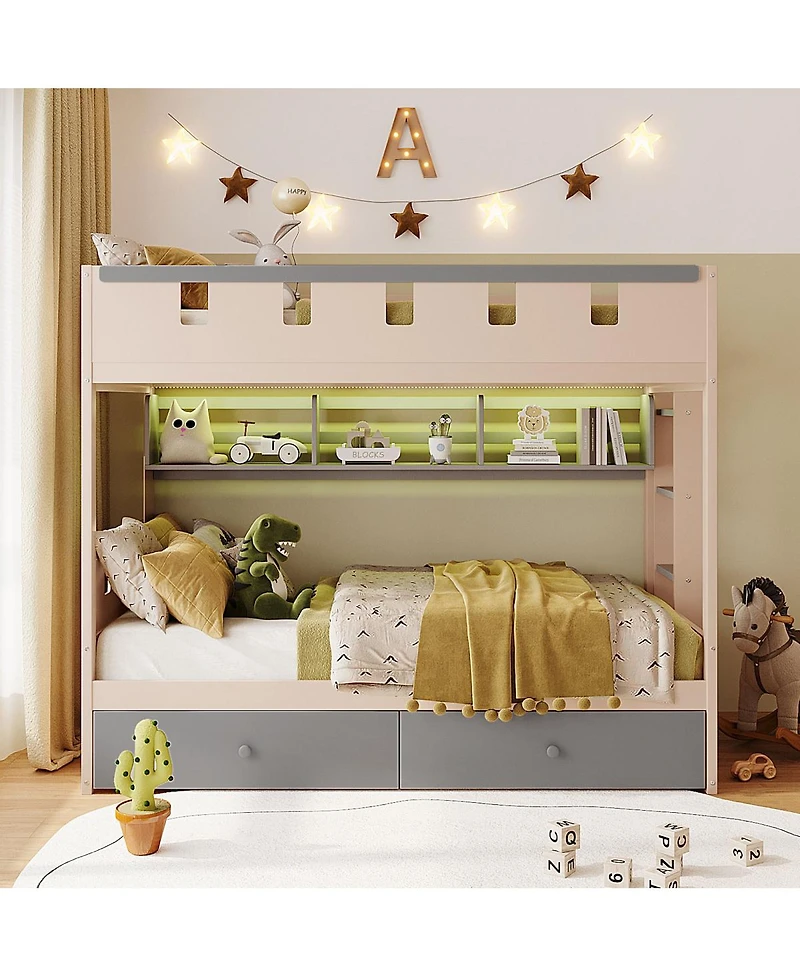 Streamdale Furniture Twin Size Castle-Style Wooden Loft Bed with Led Lights and Storage Drawers