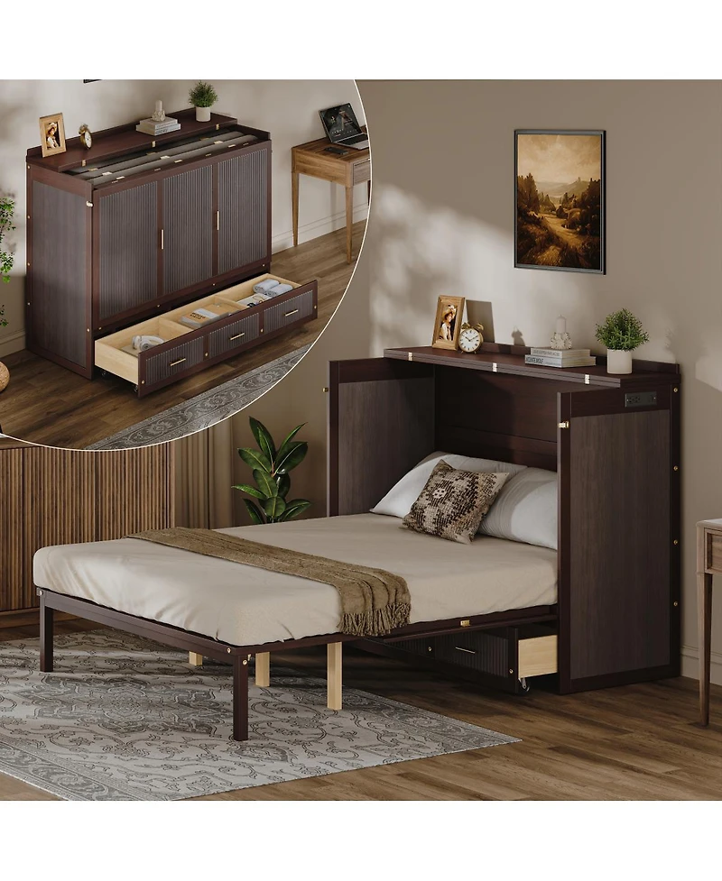 Streamdale Furniture Multifunctional Queen Murphy Bed Cabinet with Usb Charging Station