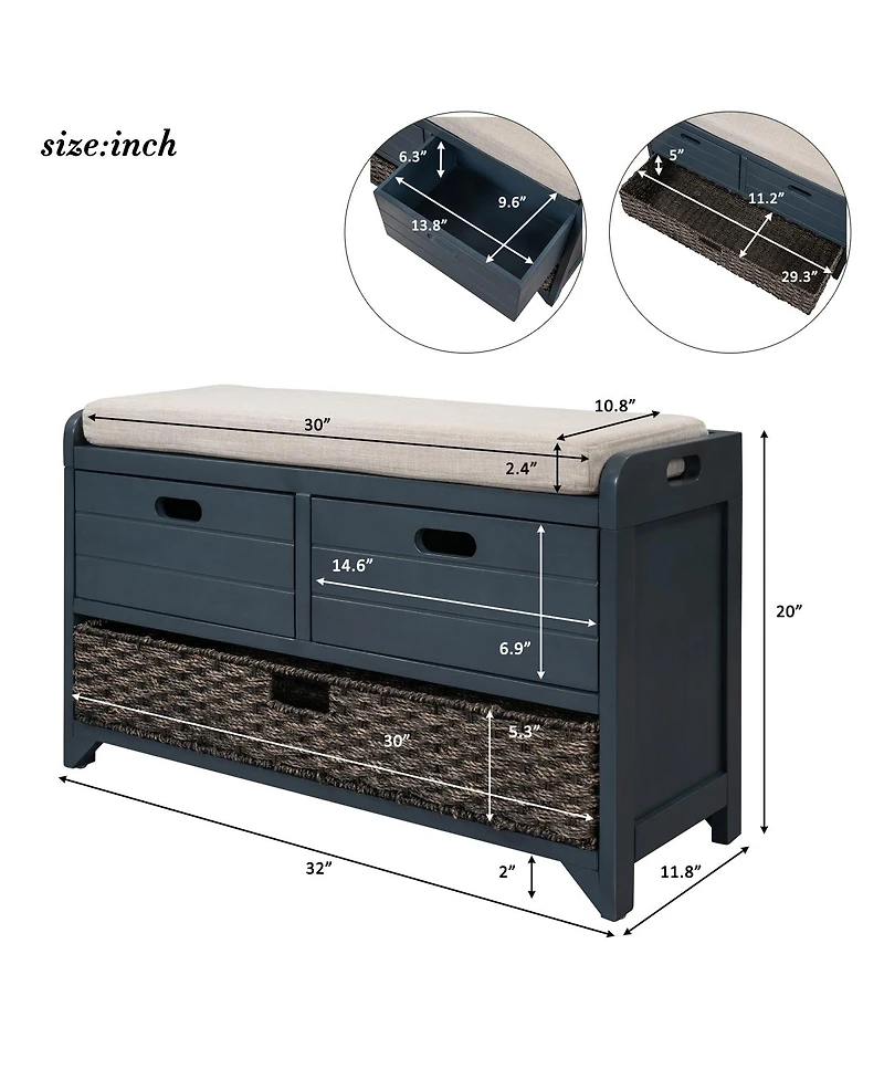 Streamdale Furniture Storage Bench with 2 Drawers Removable Basket and Cushion