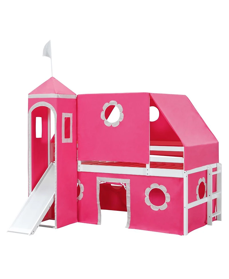 Streamdale Furniture Loft Bed with Slide Pink Tent and Tower