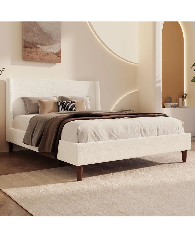 Streamdale Furniture Modern White Boucle Wingback Platform Bed with Legs King Size