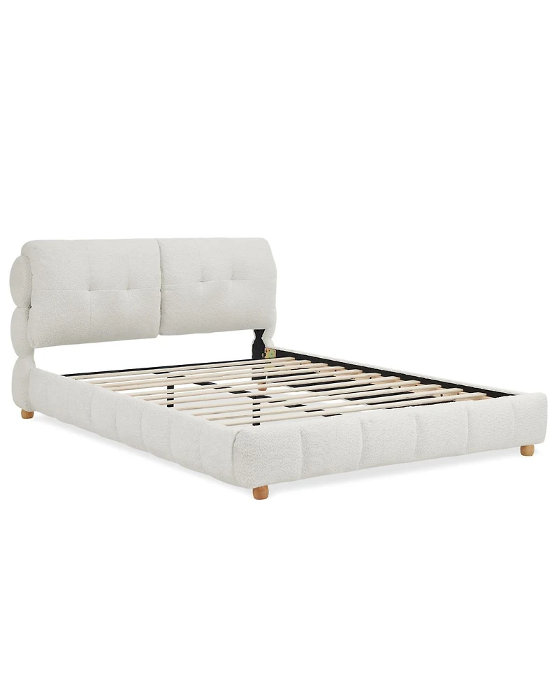 Streamdale Furniture Queen Boucle Fabric Platform Bed with Solid Wood Legs