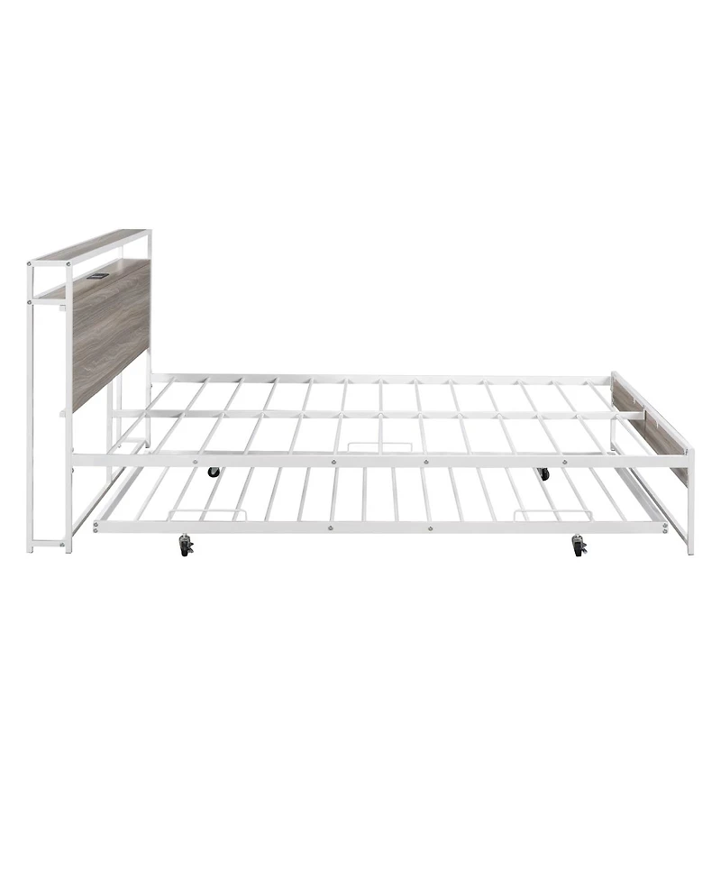 Streamdale Furniture Queen Metal Platform Bed Frame with Trundle Usb Ports and Slat Support
