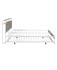 Streamdale Furniture Queen Metal Platform Bed Frame with Trundle Usb Ports and Slat Support