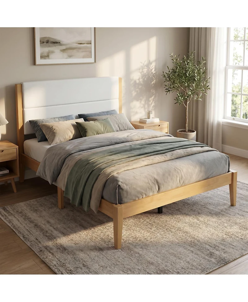 Streamdale Furniture Mid-Century Modern Upholstered Queen Platform Bed Natural Wood