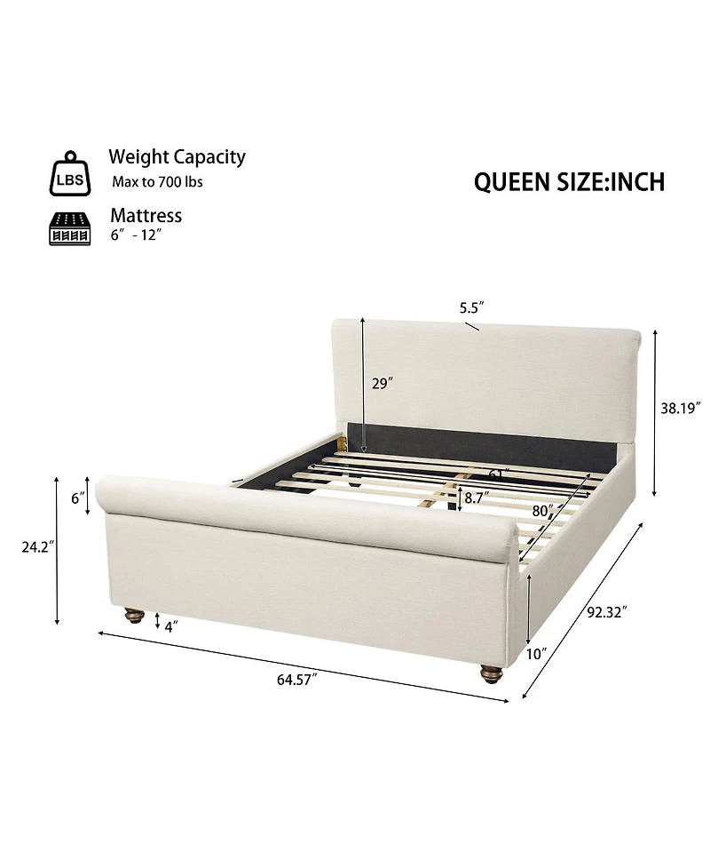 Streamdale Furniture Queen Size Upholstered Linen Bed Frame with Thick Headboard