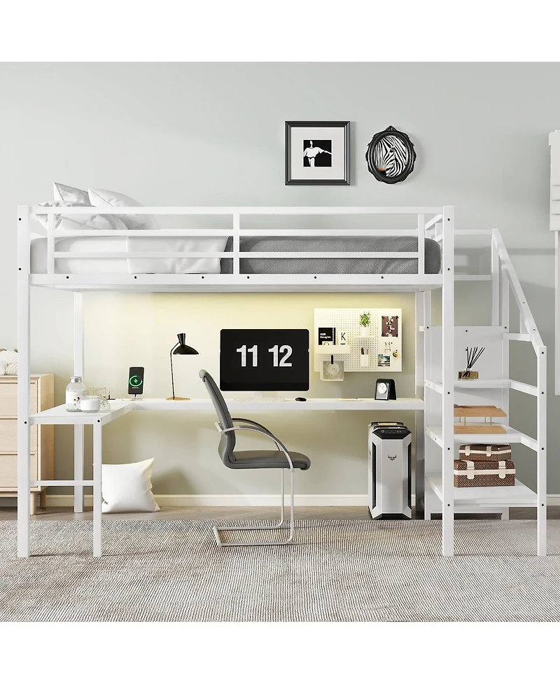 Streamdale Furniture Queen Loft Bed with L-Shaped Desk Wardrobe and Led Lights