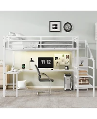 Streamdale Furniture Queen Loft Bed with L-Shaped Desk Wardrobe and Led Lights