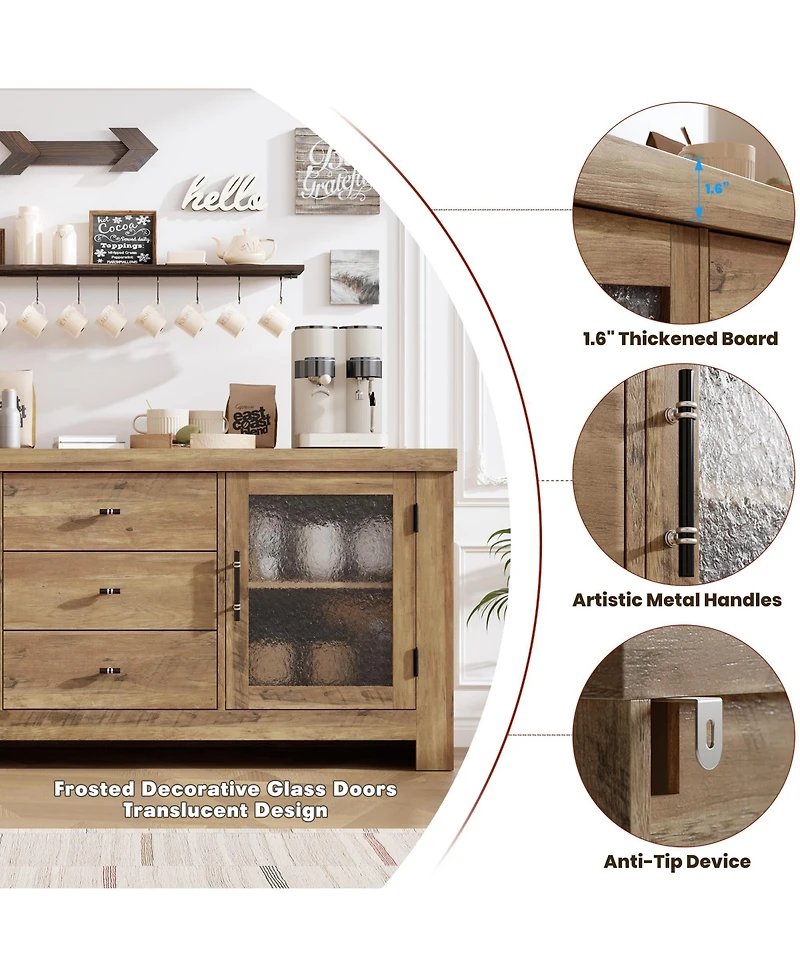 homfan Buffet Sideboard with Glass Doors and Drawers Accent Storage Cabinet Coffee Bar for Living Room Kitchen Dining Room